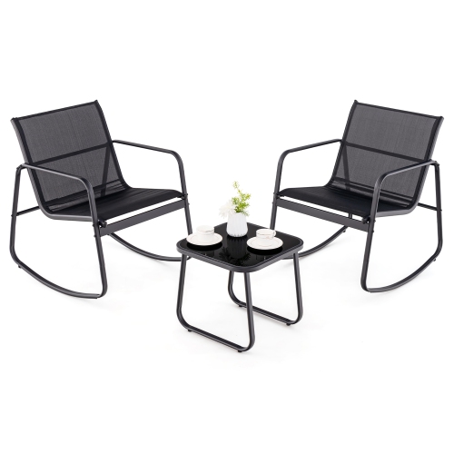 Gymax 3 Piece Rocking Bistro Set Patio Furniture Set w/ 2 Rocking Chairs & Glass-Top Coffee Table