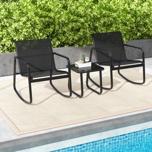 Gymax 3 Piece Rocking Bistro Set Patio Furniture Set w/ 2 Rocking Chairs & Glass-Top Coffee Table