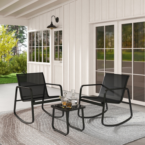 Gymax 3 Piece Rocking Bistro Set Patio Furniture Set w/ 2 Rocking Chairs & Glass-Top Coffee Table