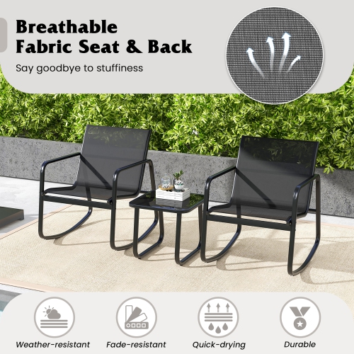 Gymax 3 Piece Rocking Bistro Set Patio Furniture Set w/ 2 Rocking Chairs & Glass-Top Coffee Table