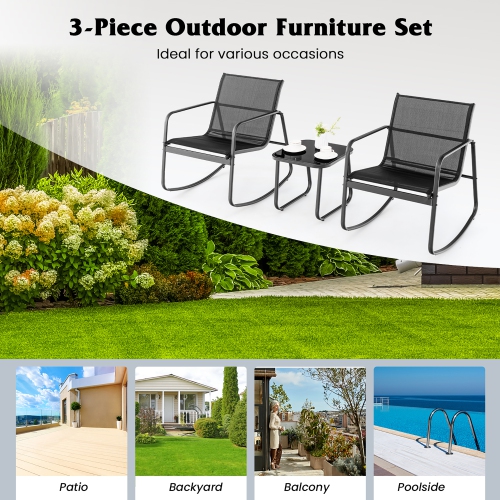 Gymax 3 Piece Rocking Bistro Set Patio Furniture Set w/ 2 Rocking Chairs & Glass-Top Coffee Table