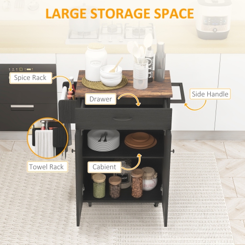Îlot de cuisine avec rangement HOMCOM, chariot de cuisine à roulettes avec dessus en hévéa, tiroir, support à épices, support à serviettes, armoire