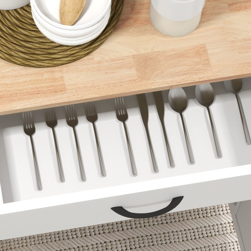 Îlot de cuisine avec rangement HOMCOM, chariot de cuisine à roulettes avec dessus en hévéa, tiroir, support à épices, support à serviettes, armoire