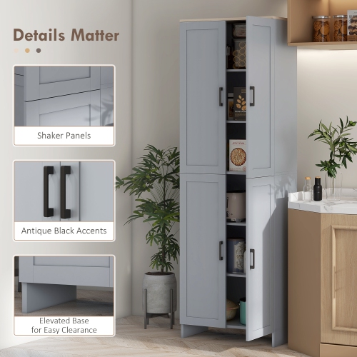 HOMCOM – garde-manger autonome de 67 po, buffet moderne, armoire de rangement avec tablettes réglables, 4 portes, gris