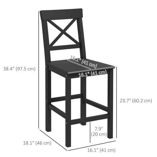 HOMCOM Bar Stools Set of 2, Farmhouse Counter Height Barstools, Solid Wood Bar Chairs with Cross Back and Footrest for Kitchen, Black