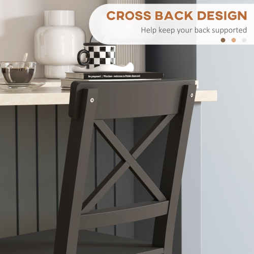 HOMCOM Bar Stools Set of 2, Farmhouse Counter Height Barstools, Solid Wood Bar Chairs with Cross Back and Footrest for Kitchen, Black