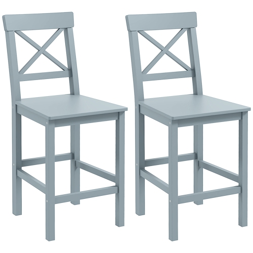 HOMCOM  Bar Stools Set Of 2, Farmhouse Counter Height Barstools, Solid Wood Bar Chairs With Cross Back And Footrest for Kitchen In Grey