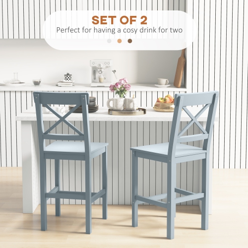 HOMCOM Bar Stools Set of 2, Farmhouse Counter Height Barstools, Solid Wood Bar Chairs with Cross Back and Footrest for Kitchen, Grey