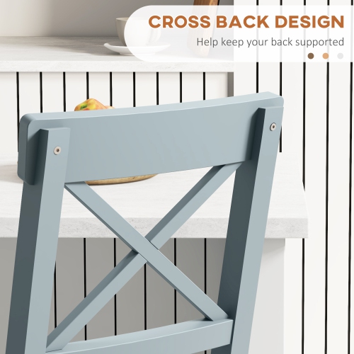 HOMCOM Bar Stools Set of 2, Farmhouse Counter Height Barstools, Solid Wood Bar Chairs with Cross Back and Footrest for Kitchen, Grey