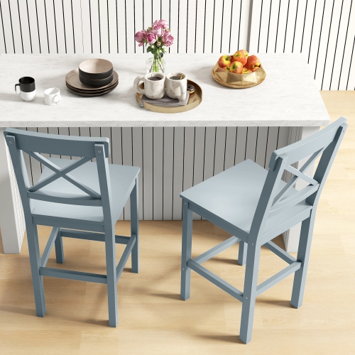 HOMCOM Bar Stools Set of 2, Farmhouse Counter Height Barstools, Solid Wood Bar Chairs with Cross Back and Footrest for Kitchen, Grey