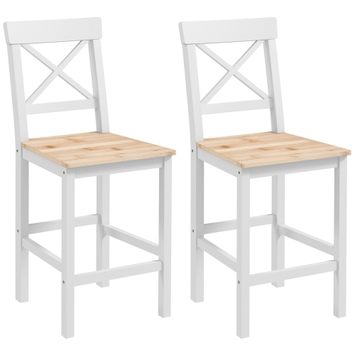 HOMCOM  Bar Stools Set Of 2, Farmhouse Counter Height Barstools, Solid Wood Bar Chairs With Cross Back And Footrest for Kitchen, Natural