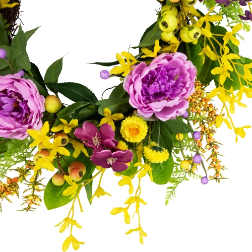 Peonies and Forsythia Spring Wreath - 24" - Yellow and Purple