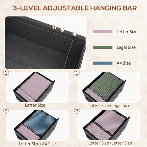 Vinsetto Vertical Filing Cabinet with Wheels, Tall File Cabinet with Adjustable Hanging Bar for Letter, A4 and Legal, Lockable Printer Stand with