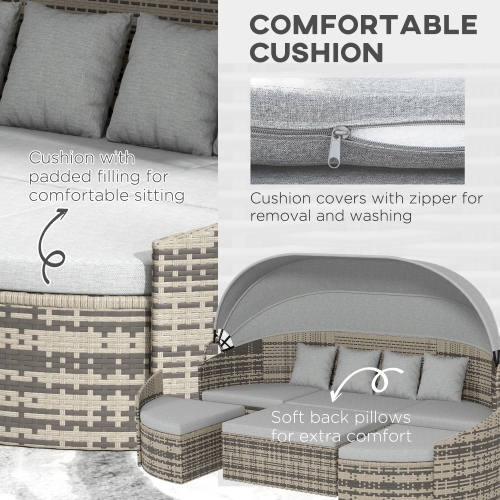 Outsunny 4 Pieces Rattan Daybed Patio PE Wicker Round Furniture Outdoor Rattan Garden Lounge Sofa Sets Sectional Conversation Set with Canopy,