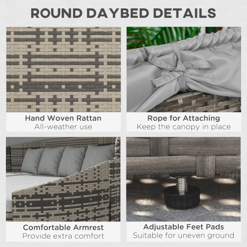 Outsunny 4 Pieces Rattan Daybed Patio PE Wicker Round Furniture Outdoor Rattan Garden Lounge Sofa Sets Sectional Conversation Set with Canopy,