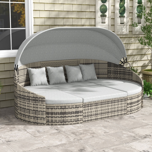 Outsunny 4 Pieces Rattan Daybed Patio PE Wicker Round Furniture Outdoor Rattan Garden Lounge Sofa Sets Sectional Conversation Set with Canopy,