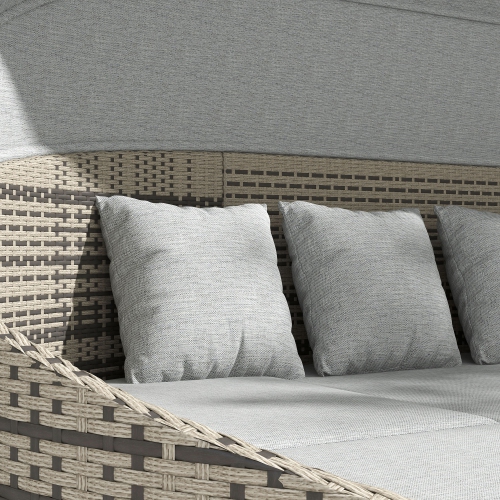 Outsunny 4 Pieces Rattan Daybed Patio PE Wicker Round Furniture Outdoor Rattan Garden Lounge Sofa Sets Sectional Conversation Set with Canopy,