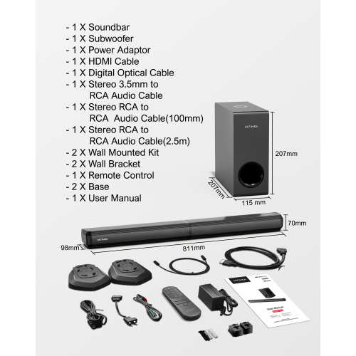 ULTIMEA Apollo S60 4.1 Channel Dolby Atmos Sound Bar with Subwoofer, , 2-in-1 Detachable, Bass Boost, 3 EQ Modes, HDMI eARC, Peak Power 280W