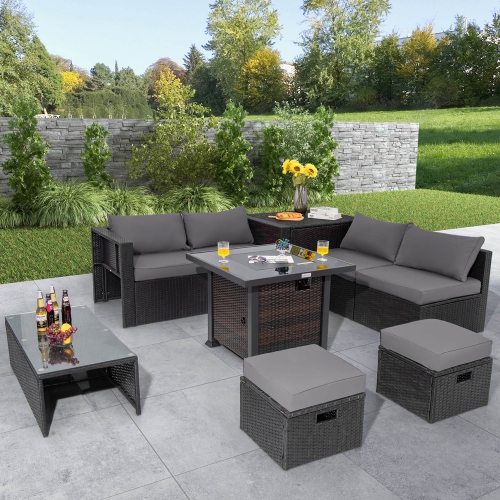Costway 9 PCS Patio Furniture Set with 32" Fire Pit Table 50,000 BTU Square Propane Fire Pit