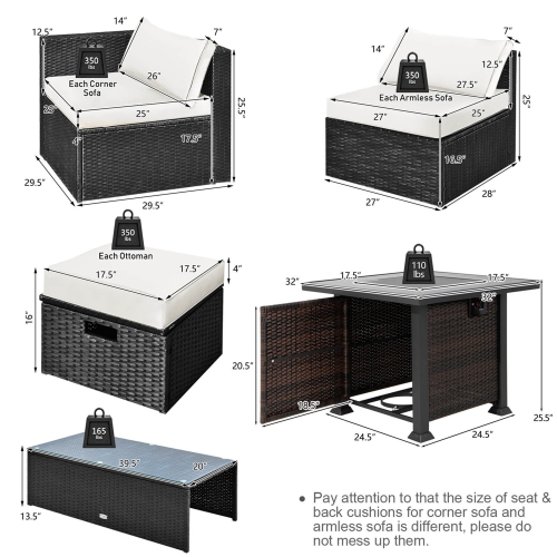 Costway 9 PCS Patio Furniture Set with 32" Fire Pit Table 50,000 BTU Square Propane Fire Pit