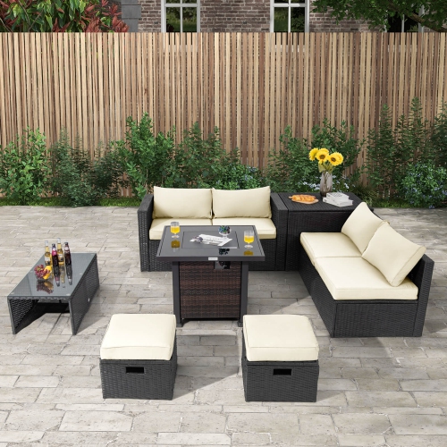 Costway 9 PCS Patio Furniture Set with 32" Fire Pit Table 50,000 BTU Square Propane Fire Pit