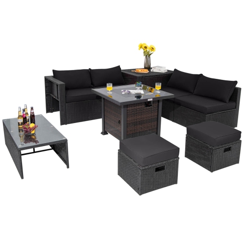 Costway 9 PCS Patio Furniture Set with 32" Fire Pit Table 50,000 BTU Square Propane Fire Pit