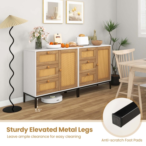Costway Rattan Buffet Sideboard with 3 Drawers & 1 Door Sturdy Metal Legs Storage Cabinet