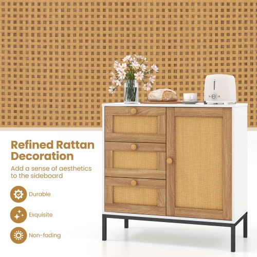 Costway Rattan Buffet Sideboard with 3 Drawers & 1 Door Sturdy Metal Legs Storage Cabinet