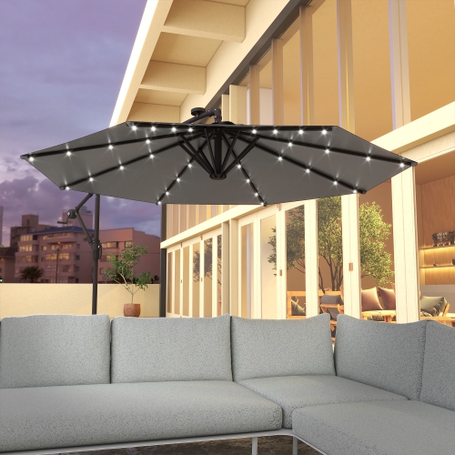 Outsunny 9.5' Cantilever Patio Umbrella with Lights and Weighted Base, Solar LED Garden Parasol, Overhanging Outdoor Sun Shade Canopy, Dark Grey
