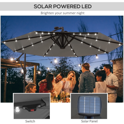 Outsunny 9.5' Cantilever Patio Umbrella with Lights and Weighted Base, Solar LED Garden Parasol, Overhanging Outdoor Sun Shade Canopy, Dark Grey