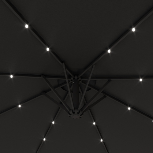 Outsunny 9.5' Cantilever Patio Umbrella with Lights and Weighted Base, Solar LED Garden Parasol, Overhanging Outdoor Sun Shade Canopy, Dark Grey