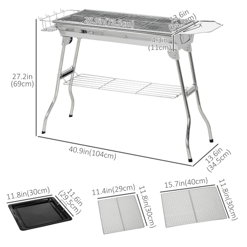 Outsunny Portable Outdoor Charcoal BBQ Grill, Stainless Steel Folding Barbecue Grill with Shelf, Side Basket and Pan for Cooking, Camping, Picnic,