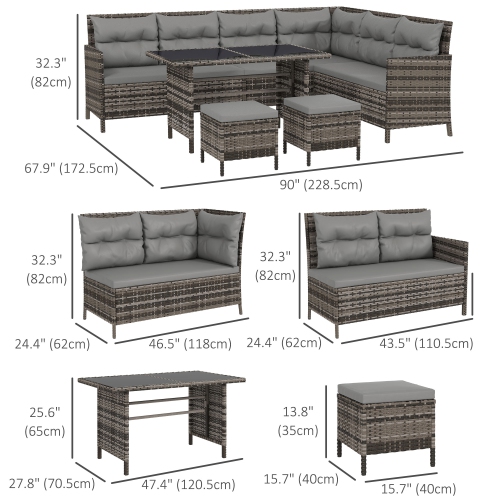 Ensemble patio de 6 pièces en osier avec mobilier d'extérieur en osier et mobilier de jardin, ensemble de sofa modulaire en rotin avec coussins,