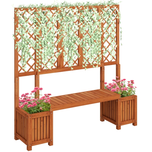 Outsunny Wood Garden Bench with Trellis for Climbing Plants and 2 Planter Boxes, Outdoor Planter with Bench and Privacy Screen for Backyard, Patio,