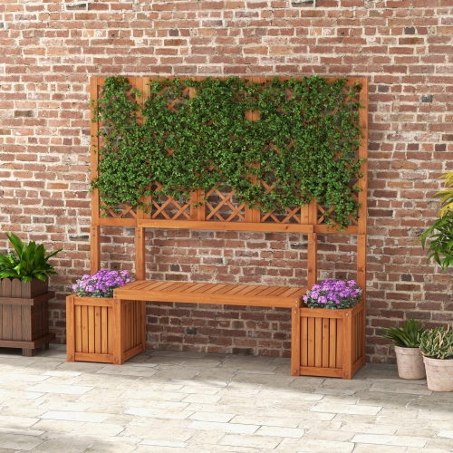 Outsunny Wood Garden Bench with Trellis for Climbing Plants and 2 Planter Boxes, Outdoor Planter with Bench and Privacy Screen for Backyard, Patio,