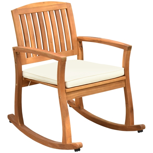 Chaise berçante en bois Outsunny, siège de porche intérieur avec coussin pour terrasse, balcon, jardin, patio, Teck