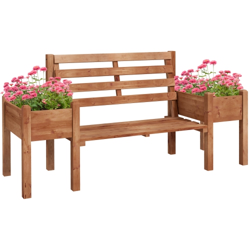 Banc de jardin à 2 places avec jardinières Outsunny, banc d'extérieur en bois avec siège à lattes et dossier, causeuse de patio pour la cour, pelouse