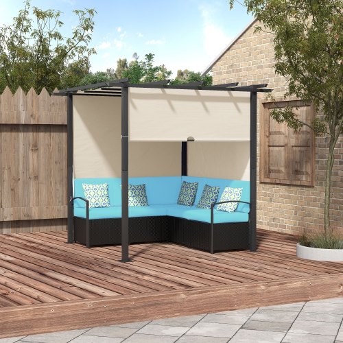 Meubles de patio en osier Outsunny, ensemble de sofa en rotin de polyéthylène avec pergola à auvent rétractable, abri pour terrasse, piscine, jardin,
