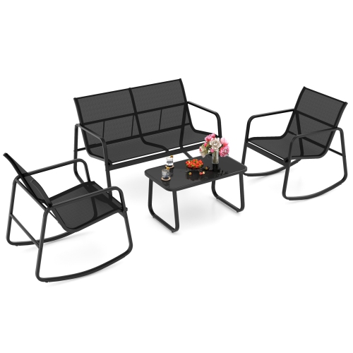 Ensemble patio 2 chaises berçants et causeuse avec table d'extérieur à surface en verre de Costway 4 PCS