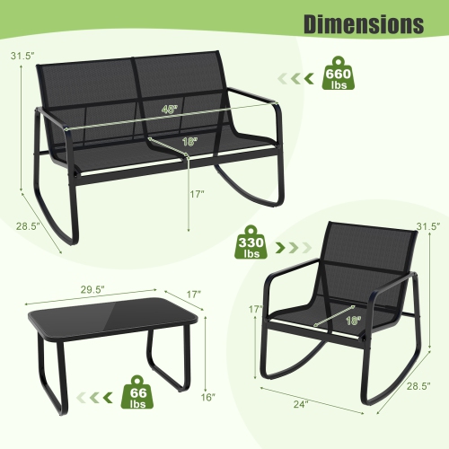 Ensemble patio 2 chaises berçants et causeuse avec table d'extérieur à surface en verre de Costway 4 PCS