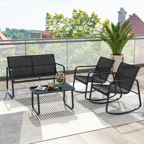 Ensemble patio 2 chaises berçants et causeuse avec table d'extérieur à surface en verre de Costway 4 PCS