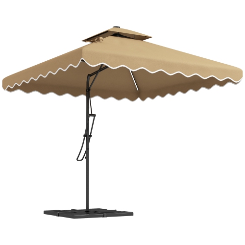 Parasol en porte-à-faux Outsunny de 8 x 8 pi avec LED solaire et base lestée, parasol carré à double dessus avec volants, auvent extérieur en surplom