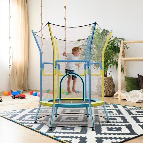 Gymax Kids Mini Trampoline w/ 59'' Higher Enclosure Net Seamless Jumping Mat Zipper Door Yellow & Blue