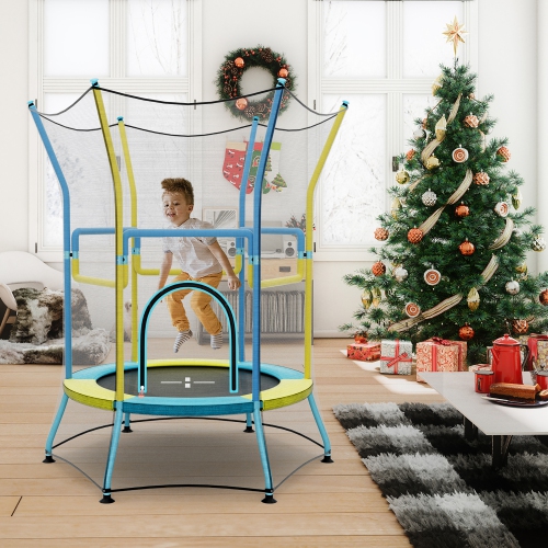 Gymax Kids Mini Trampoline w/ 59'' Higher Enclosure Net Seamless Jumping Mat Zipper Door Yellow & Blue