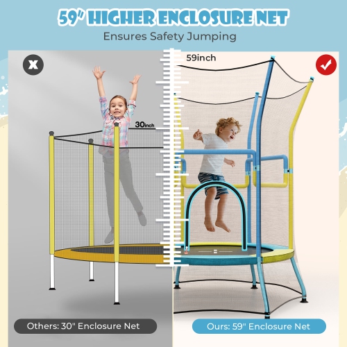 Gymax Kids Mini Trampoline w/ 59'' Higher Enclosure Net Seamless Jumping Mat Zipper Door Yellow & Blue