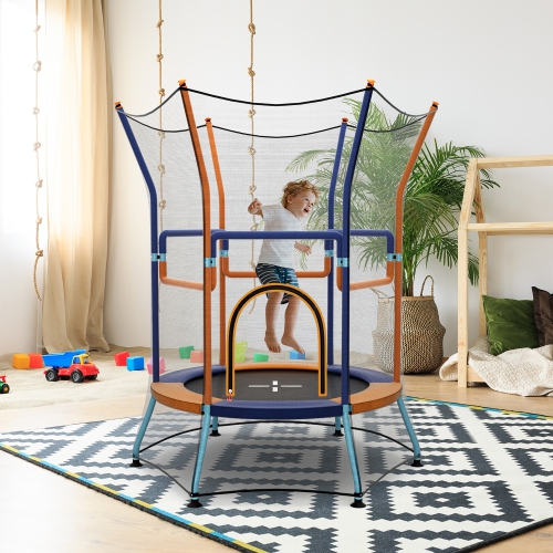 Gymax Kids Mini Trampoline w/ 59'' Higher Enclosure Net Seamless Jumping Mat Zipper Door Orange & Blue