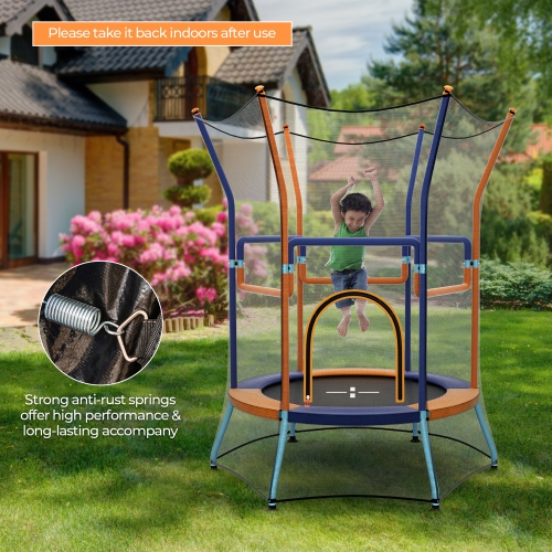 Gymax Kids Mini Trampoline w/ 59'' Higher Enclosure Net Seamless Jumping Mat Zipper Door Orange & Blue