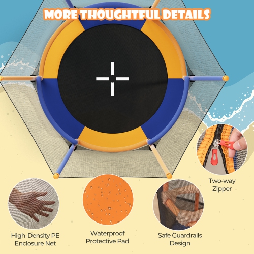 Gymax Kids Mini Trampoline w/ 59'' Higher Enclosure Net Seamless Jumping Mat Zipper Door Orange & Blue