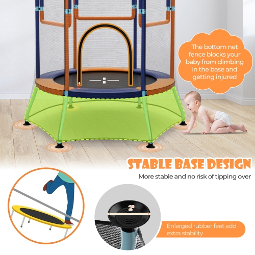 Gymax Kids Mini Trampoline w/ 59'' Higher Enclosure Net Seamless Jumping Mat Zipper Door Orange & Blue