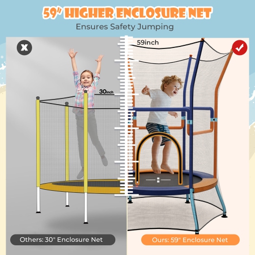 Gymax Kids Mini Trampoline w/ 59'' Higher Enclosure Net Seamless Jumping Mat Zipper Door Orange & Blue